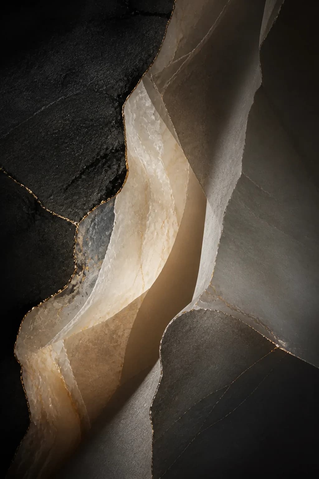Composición mineral abstracta de capas oscuras, piedra traslúcida y vetas doradas